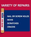 Light Golden Oak Wood Repair Wax Putty Stick For Scratches And Gouges on a poster highlighting types of repairs.