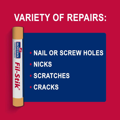 Light Golden Oak Wood Repair Wax Putty Stick For Scratches And Gouges on a poster highlighting types of repairs.