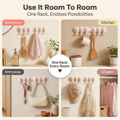Game Changer Adhesive Corner Hooks With Smooth 180 Degree Rotation Foldable Rack in bathroom, kitchen, entryway, and closet settings.