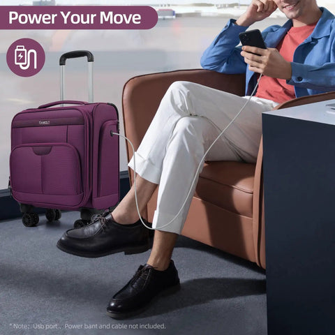 Underseat Carry On Luggage That Fits Under Airline Seats With Spinner Wheels, 16 Inch Softside Roller Bag, TSA Lock, charging phone