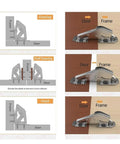 Diagram showing 4 Pack 90 Degree Soft Closing Spring Cabinet Hinges No Pre Drilling Required Noiseless Hidden Cabinet Hinges for Furniture 3 Inch Normal Type Easy Install, with overlay, half overlay, and inset installation views.