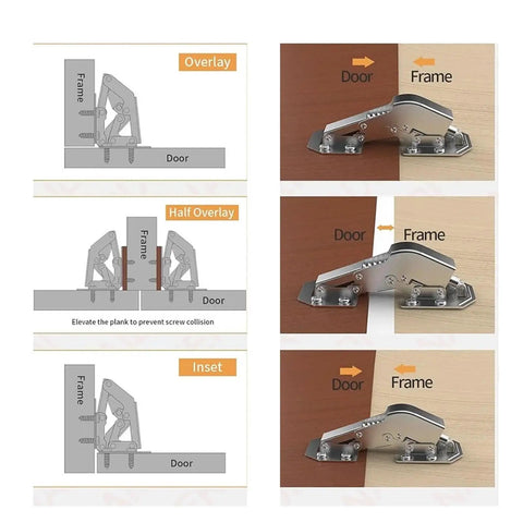 Diagram showing 4 Pack 90 Degree Soft Closing Spring Cabinet Hinges No Pre Drilling Required Noiseless Hidden Cabinet Hinges for Furniture 3 Inch Normal Type Easy Install, with overlay, half overlay, and inset installation views.