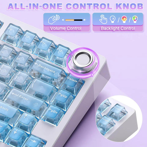 Close-up of Tri Mode Wireless Gaming Keyboard With Bluetooth Five Point Zero showing all-in-one control knob for volume and backlight.