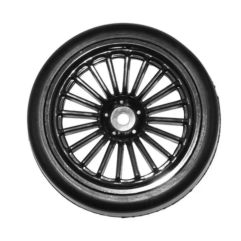 Close-up of On Road 1/10 RC Car Tire Kit With 26mm Rubber Tyres And 12mm Hex Wheel Rims, Drift Ready For 4WD, soft rubber construction
