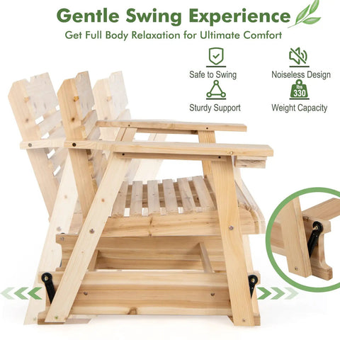 Outdoor Fir Wood Glider Chair With Hidden Rotatable Cup Holder And Curved Seat For Porch Patio And Backyard Natural Finish Noiseless Swing For Pure Chill And Cozy Vibe, side view with swing mechanism