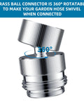 Sink Faucet To Garden Hose Adapter With 360 Degree Swivel Chrome Finish, 55 64 Inch Female Thread To Three Quarter Inch Male Hose Thread, Faucet Aerator Attachment For Hose Hookups, Easy Install, Durable Brass Build, Extra Male Adapter Included, 360° swivel view