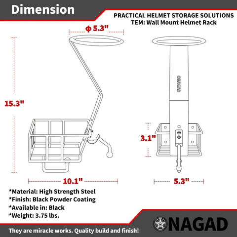 Dimensions of Wall Mount Helmet Rack With Gloves Tray For Motorcycle And Dirt Bike Gear, sturdy steel construction.