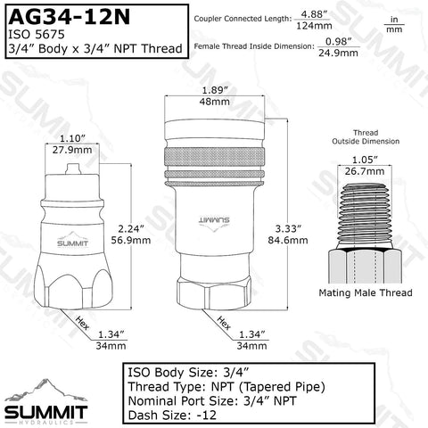 Summit hydraulics 3/4 in. quick-connect coupler set with 3/4 in. NPT thread (AG34-12N)