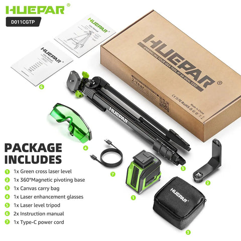 360 Degree Green Beam Laser Level With Tripod 60 Inch Self Leveling Tool 82 Feet To 165 Feet Range Pulse Mode Three Brightness Levels Rechargeable Li Ion Battery Ideal For DIY Indoor Projects package with tripod, glasses, cable, bag and manuals