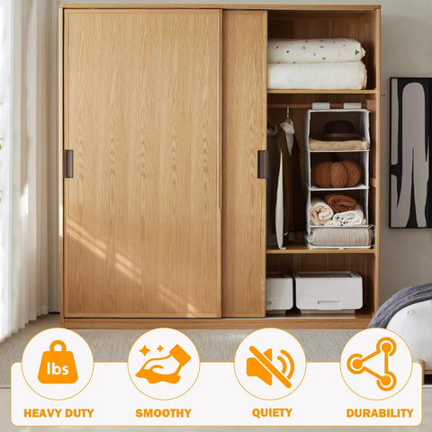 Four Foot Aluminum Bypass Door Hardware Set for Two Door System with Finger Pulls fits door thickness one and three eighths to one and three quarters inches for quiet, smooth sliding installation.