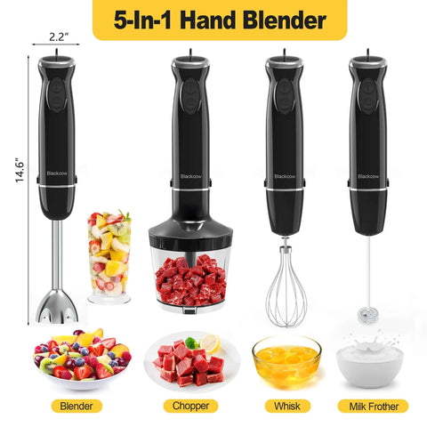 Heavy Duty Immersion Blender Set 500W Super Quiet Handheld Mixer With 12 Speed Settings BPA Free, showing chopper, whisk, milk frother.
