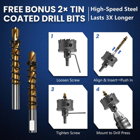 DIKTALK 16pc heavy-duty carbide hole saw kit; front view showing gold carbide bits and four-step instructional panels