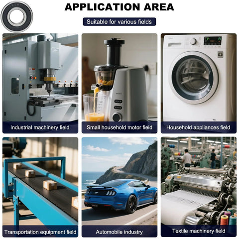 Sackorange 6202-2RS deep groove ball bearings, 15x35x11mm, 10 pcs; collage showing application areas across industrial, motor, appliance, transport, auto, textile fields.