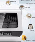 No Fuss Countertop Portable Dishwasher With Five Smart Wash Cycles And Turbo High Temp Sanitizing Featuring 360 Spin Spray showing various stains on tableware.