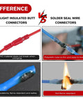 Comparison of Nilight insulated butt connectors vs solder seal wire connectors showing durability differences.