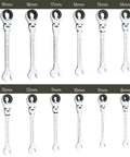 12-piece 72-Tooth Ratcheting Wrench Set With Open Flex-Head, 180-Degree Pivot, in various sizes from 8mm to 19mm, Chrome Vanadium