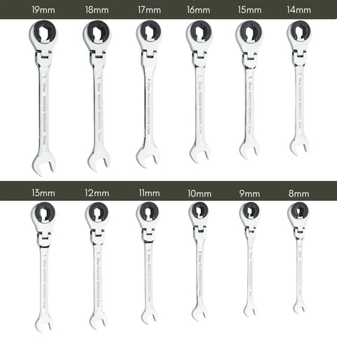 12-piece 72-Tooth Ratcheting Wrench Set With Open Flex-Head, 180-Degree Pivot, in various sizes from 8mm to 19mm, Chrome Vanadium