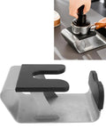 Heavy Duty Built Tough Stainless Steel Portafilter Stand And Espresso Tamper Station with rubber grip, viewed from the side.