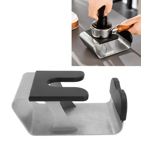 Heavy Duty Built Tough Stainless Steel Portafilter Stand And Espresso Tamper Station with rubber grip, viewed from the side.