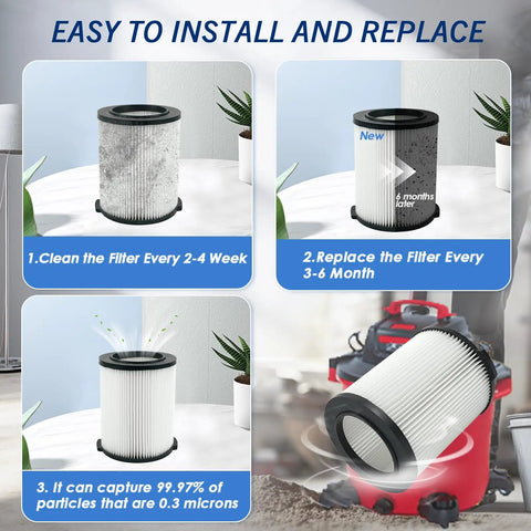 VF4000 Wet Or Dry Vacuum Replacement Filter Two Pack For 5 To 20 Gallon Vacuums Like WD5500 WD0671 infographic showing usage instructions