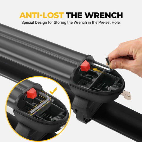 Heavy Duty Lockable Ski Racks With Slick Sliding Extension For Car Roof secure snowboard transport kit showing anti-lost wrench storage feature.