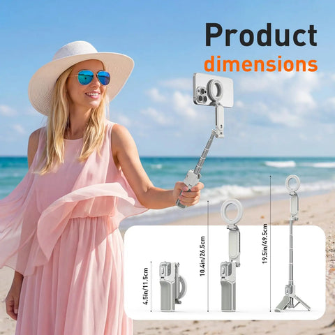 Woman using Phone Camera Grip With Selfie Stick Tripod Magnetic Mount And Detachable Wireless Shutter Button on beach