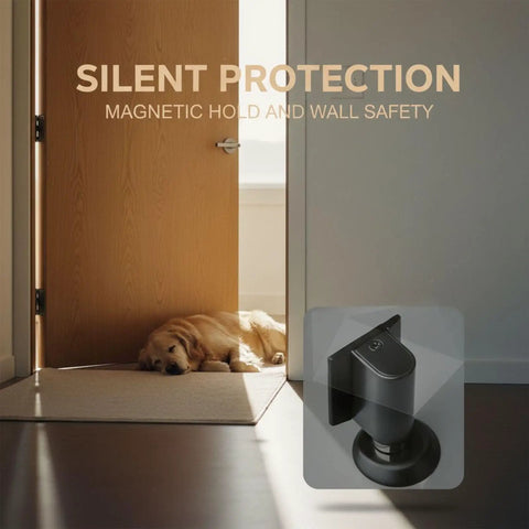 Heavy Duty No Drill Door Stopper Set With Invisible Metal Adhesion, magnetic hold securing door with dog resting on floor.