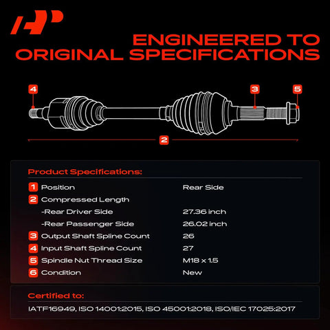 Diagram of Pair Rear CV Axle Shafts For Polaris Ranger 500 2007 2009 700 2007 800 2010 2017 with specifications