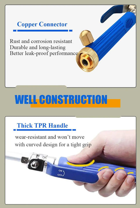 High Pressure Power Washer Wand For Garden Hose With Jet Nozzle And Fan Nozzle showing copper connector and TPR handle