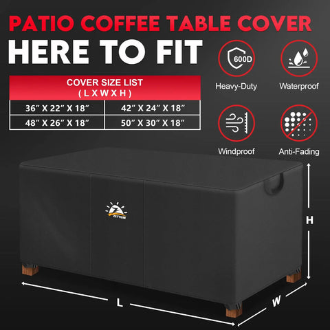 Outdoor Coffee Table Cover Heavy Duty 600D Waterproof All Weather Protection Fits 48 By 26 By 18 Inch Tables shown on stand