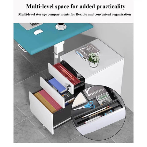 Compact Metal Rolling File Cabinet With Lock For Home Office, 3-Drawer Under-Desk Storage with open drawers and stationery