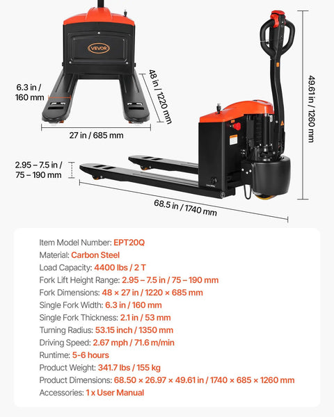 VEVOR Electric Pallet Jack Truck with carbon steel frame, 4400 lbs capacity, 27x48 inch steel forks for easy maneuvering.