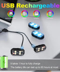 4 LED Cordless Strobe Lights With Remote Control charging via USB, showing USB recharging process and 60-hour battery life