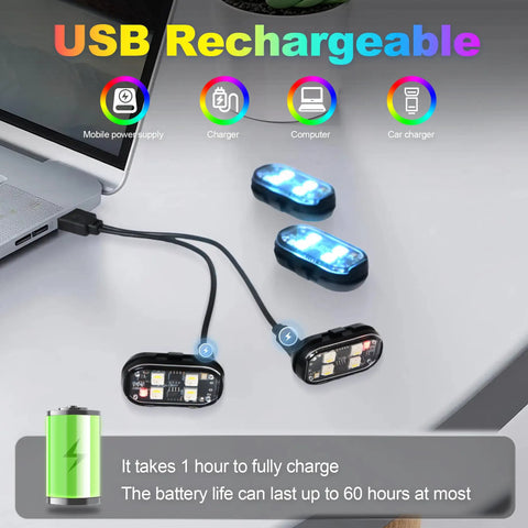 4 LED Cordless Strobe Lights With Remote Control charging via USB, showing USB recharging process and 60-hour battery life