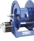 Heavy Duty Hydraulic Rewind Hose Reel With 250 Ft Capacity And 12 AWG 3 Conductor Wiring Rated For 600 Volts 45 Amps, blue motorized reel.