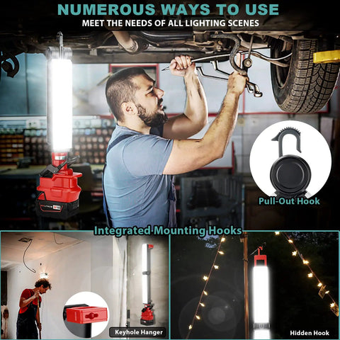 2400LM LED Work Light Clip On Light For Milwaukee M18 18V Battery in use during car repair with magnetic mount and hooks visible