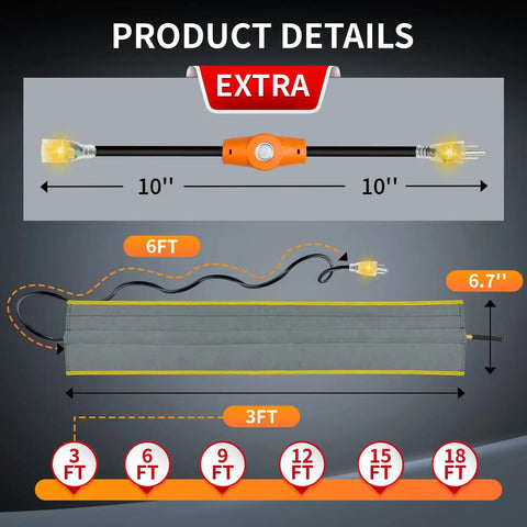 Diagram showing Self Regulating Pipe Heating Blanket Kit 3 Ft For Freeze Protection Stickable And Trimmable Heat Tape dimensions