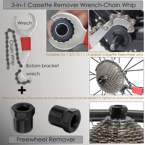 All In One Bike Tool Kit With Eight Pro Grade Bicycle Repair Tools For Mountain Bikes Include Cassette Remover Wrench and Freewheel Remover