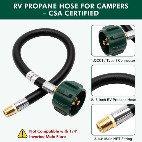 Dual Tank RV Propane Hose 15 Inch Four Layer QCC1 Type 1 To One Quarter Inch Male NPT Camper Gas Line CSA Certified 350 PSI