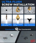 Illustration showing countersink vs no countersink using Beefy Titanium Coated Chamfer Tool Set With M2 Bits for wood and metal.