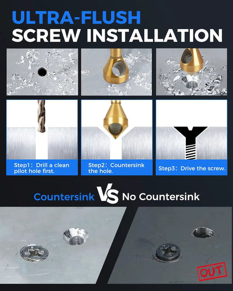Ultra-flush screw installation using Heavy Duty Titanium Coated HSS Countersink Drill Bit Set for Wood and Metal, 90 Degree Chamfer Bits.