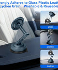 Rock Solid All Metal Alloy Long Arm Magnetic Car Phone Mount With Premium Navy Blue Finish and Heavy Duty Suction Base on dashboard.