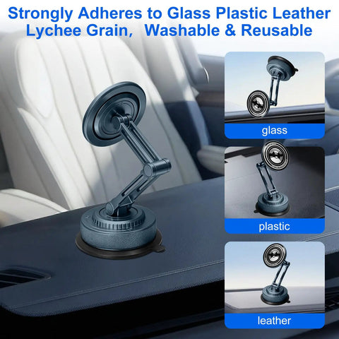 Rock Solid All Metal Alloy Long Arm Magnetic Car Phone Mount With Premium Navy Blue Finish and Heavy Duty Suction Base on dashboard.