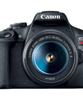 Front view of Canon Rebel T7 DSLR Camera showing EF-S 18-55mm lens, part of Rebel T7 DSLR Camera Kit With 24.1MP APS C Sensor And EF S 18 55mm And 75 300mm Lenses Full HD 1080p Video Beginner Friendly All In One Photography Bundle With Shoulder Bag And 64GB Card