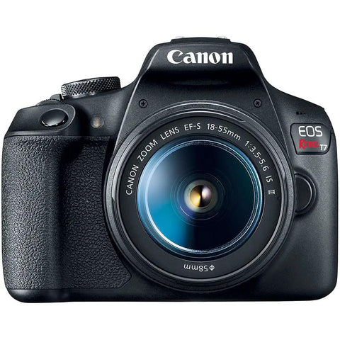 Front view of Canon Rebel T7 DSLR Camera showing EF-S 18-55mm lens, part of Rebel T7 DSLR Camera Kit With 24.1MP APS C Sensor And EF S 18 55mm And 75 300mm Lenses Full HD 1080p Video Beginner Friendly All In One Photography Bundle With Shoulder Bag And 64GB Card