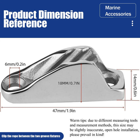 316 Stainless Steel Rope Cam Cleat dimensions 47mm x 14mm x 18mm for 6mm lines, marine accessory for boats and kayaks.
