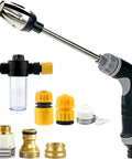 Cordless Pressure Washer Gun With 360 Degree Rotating Nozzle displayed with attachments and hose connectors, durable design.