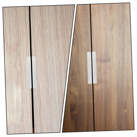 Hidden Finger Pulls For Cabinets And Drawers, 64mm Hole Spacing, brushed aluminum handles on light and dark wood surfaces.