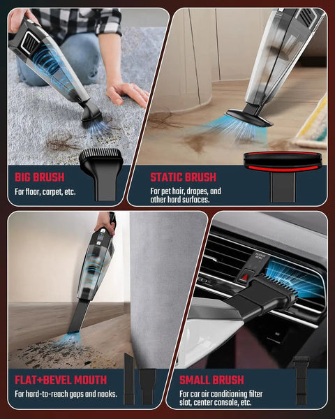 Beast Mode 9000 Pa Cordless Handheld Vacuum accessories, including brushes for diverse cleaning tasks at home and in vehicles.