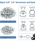 Easy Grommet Plier Kit With 500 Silver Eyelets 3/8-Inch And 1/4-Inch sizes depicted with measurements and washers.